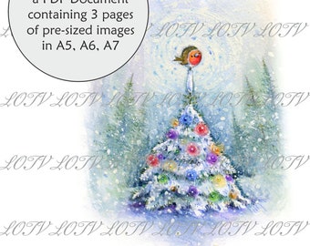 Lili of the Valley Full Colour Simply Print - IH - Robin Christmas Tree, 3 Page PDF Ready to Print Document, Digital