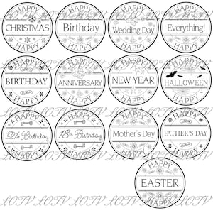 May include: A collection of black and white circular designs with various celebratory themes. Each circle features a central word like "Christmas," "Birthday," or "Halloween," surrounded by decorative elements and the word "Happy."