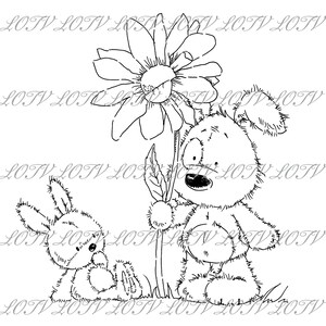 May include: A black and white line drawing of a teddy bear holding a large flower, with a bunny rabbit sitting nearby. The teddy bear has a surprised expression, and the bunny rabbit looks on. The image is a cute, whimsical illustration.