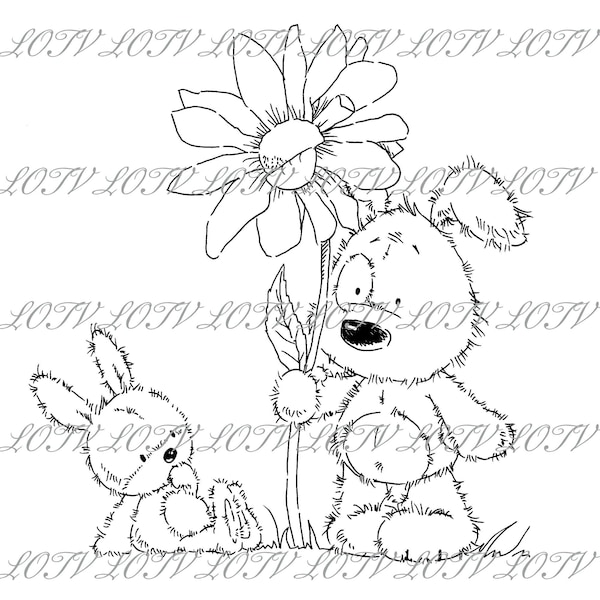 Lili of the Valley Digi Stamp - CG - Jack, Patch and Puss Big Flower, JPEG, Perro, Conejito, Flor, Digital