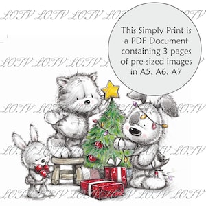 Impresión a todo color LOTV Simply Print - CG - Luces de hadas - Perro, gato, conejito, árbol de Navidad, PDF de 3 páginas listo para imprimir, digital