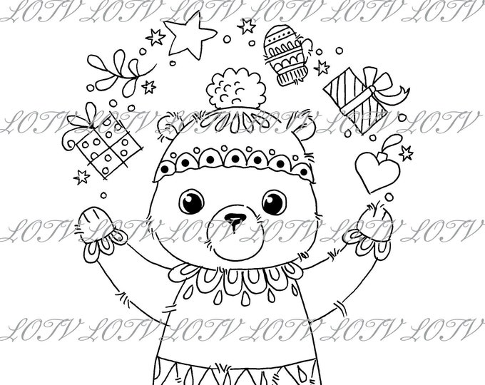 Lili of the Valley Digi Stamp - Juggling Bear, JPEG, Christmas, Xmas, Noel, Festive, Snow, Digital