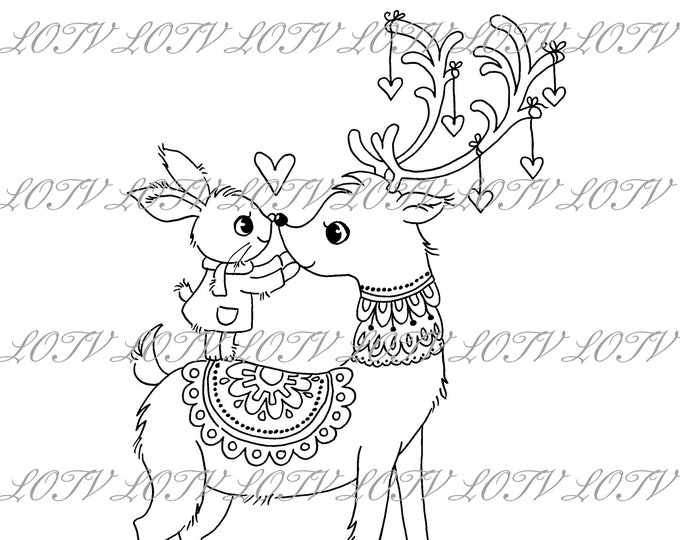 Lili of the Valley Digi Stamp - Folky Reindeer, JPEG, Christmas, Xmas, Noel, Festive, Snow, Digital