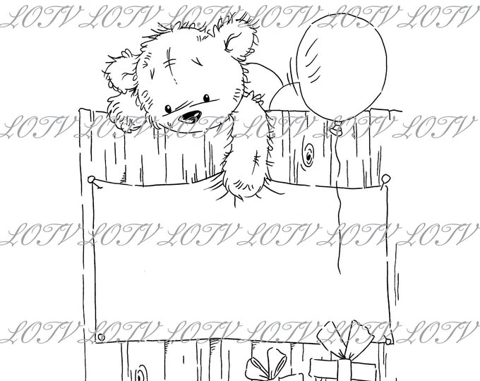 LOTV Digi Stamp - CG - James Over the Fence, JPEG, Cute, Bear, Birthday, Sweet, Animal, Digital