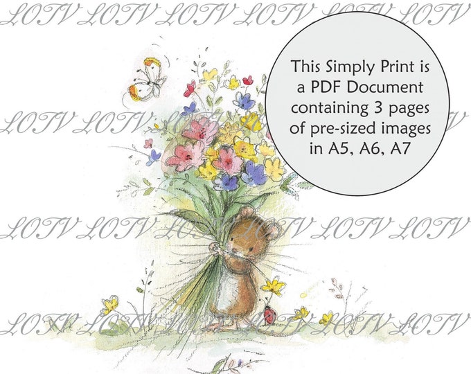 Lili of the Valley Full Colour Simply Print - Big Bouquet, Mice, Flowers, 3 Page PDF Ready to Print Document, Digital