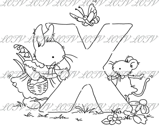 Lotv Digi Stamp - KG - Letter X - Tea Party Initials, Jpg, Rabbit and Mouse, Alphabet, Digital, Artwork