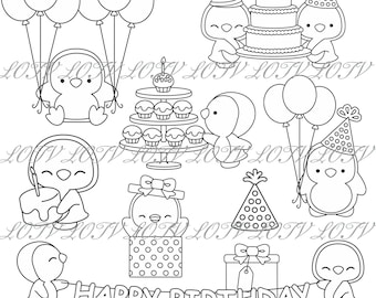 Lotv Digi Stamps - Birthday Penguins Set - PNGs, Transparent, Digital, Artwork