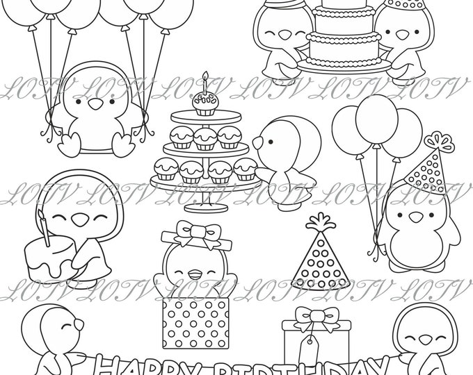 Lotv Digi Stamps - Birthday Penguins Set - PNGs, Transparent, Digital, Artwork