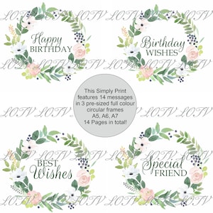 Könnte beinhalten: Vier druckbare Blumenkränze mit verschiedenen Botschaften: "Happy Birthday", "Birthday Wishes", "Best Wishes" und "Special Friend". Die Kränze sind in Grün-, Weiß- und Rosatönen gehalten.