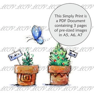 Peut inclure: Illustration aquarelle de deux plantes en pot. Un pot contient une plante verte avec une pancarte indiquant "Lemon" et l'autre pot contient un petit sapin de Noël avec des baies rouges. Un papillon bleu vole au-dessus des plantes.