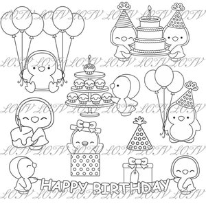 Sellos digitales de Lotv: juego de pingüinos de cumpleaños: PNG, transparentes, digitales, ilustraciones