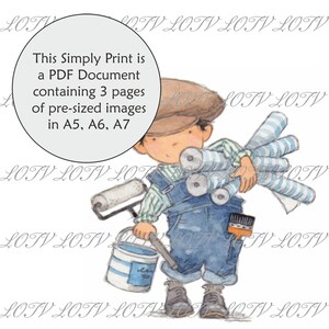 Könnte beinhalten: Eine Aquarell-Illustration eines jungen Menschen in Latzhose und Mütze, der eine Farbrolle, einen Farbeimer und mehrere Rollen Tapeten hält. Der Text "This Simply Print is a PDF Document containing 3 pages of pre-sized images in A5, A6, A7" befindet sich in einem Kreis oben im Bild.