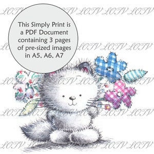 May include: A black and white illustration of a cute, furry cat holding a bouquet of colourful patchwork flowers. The text "This Simply Print is a PDF Document containing 3 pages of pre-sized images in A5, A6, A7" is in a circle at the top of the image.