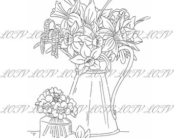 Lili of the Valley Digi Stamp - Daffodils and Catkins, JPEG, Floral, Mother's Day, Pretty, Digital, Artwork