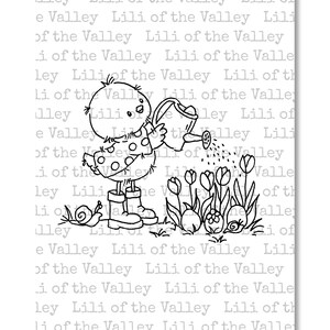 May include: Black and white line art of a chick watering tulips in a garden. The chick wears a polka-dot dress and boots. A snail is also present. The text "Lili of the Valley" is repeated across the background.