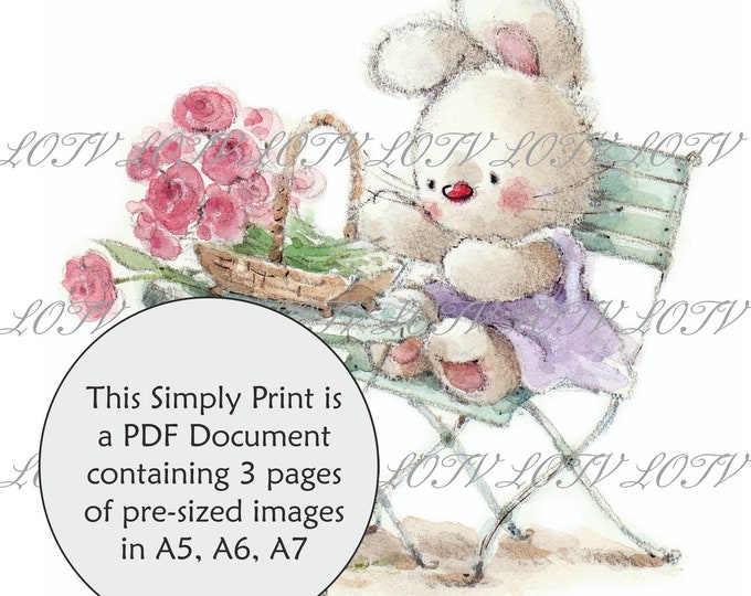 Lili of the Valley Full Colour Simply Print - IH - Bunnies Basket of Roses, 3 Page PDF Ready to Print Document, Digital