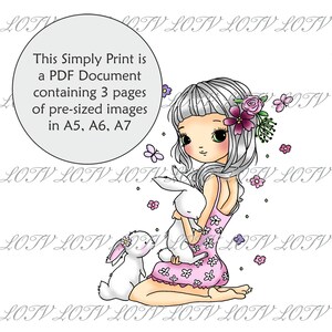 May include: A digital illustration of a girl with long, white hair wearing a pink dress with white flowers. She is holding two white bunnies. The background is white with pink and purple flowers.
