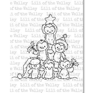 Könnte beinhalten: Schwarz-Weiß-Illustration einer Gruppe von Cartoon-Bären und Pinguinen, einige tragen Hüte und halten Stechpalmen. Ein Pinguin hält einen Stern. Der Text "Lili of the Valley" wiederholt sich im Hintergrund.