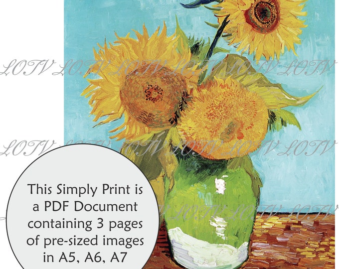 LOTV Full Colour Simply Print - Three Sunflowers in a Vase - Vincent Van Gogh - 3 Page PDF