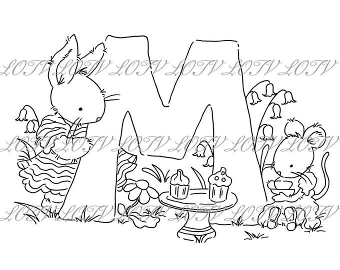 Lotv Digi Stamp - KG - Letter M - Tea Party Initials, Jpg, Rabbit and Mouse, Alphabet, Digital, Artwork