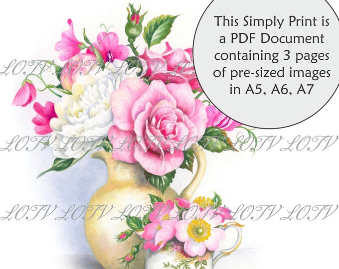 Lili of the Valley Full Colour Simply Print - Peonies and Roses, Pretty Flowers, 3 Page PDF Ready to Print Document, Digital