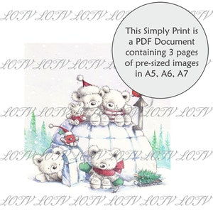 May include: A digital illustration of five white polar bears wearing red and white winter hats and scarves. The bears are gathered around a snow igloo. The illustration is set against a snowy background with a few snowflakes falling.