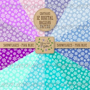 May include: Twelve digital papers with a snowflake pattern in shades of pink, blue, and purple. The papers are arranged in a circle with a brown label in the center that reads "CONTAINS 12 DIGITAL BACKING PAPERS" and "Lili of the Valley".