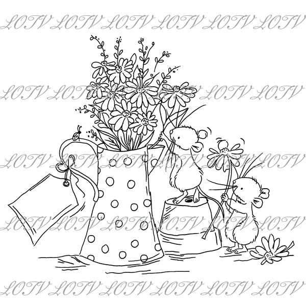 LOTV Digi Stamp - Delightful Daisies, JPEG, Cute, Mice, Birthday, Sweet, Animal, Digital