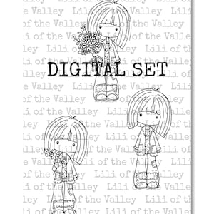May include: Digital set of three black and white illustrations of a doll-like character wearing a jacket and trousers. One character holds flowers. The text "DIGITAL SET" is in bold black letters.