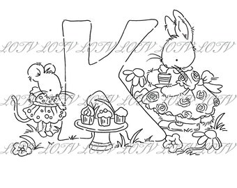 Lotv Digi Stamp - KG - Letter K - Tea Party Initials, Jpg, Rabbit and Mouse, Alphabet, Digital, Artwork