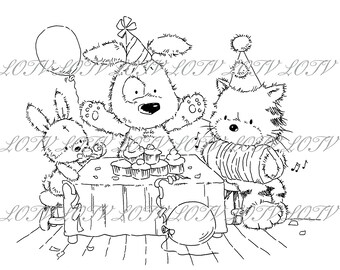 Lili of the Valley Digi Stamp - CG - Jack, Patch and Puss Party, JPEG, Cat, Bunny, Dog, Party, Digital