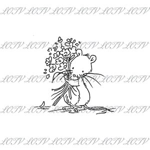 LOTV Digi Stamp - Petites fleurs de souris, JPEG, Mignon, Souris, Anniversaire, Doux, Animal, Numérique