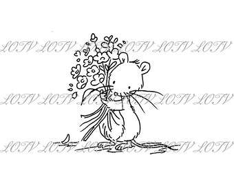 LOTV Digi Stamp - Little Mouse Flowers, JPEG, Cute, Mouse, Birthday, Sweet, Animal, Digital