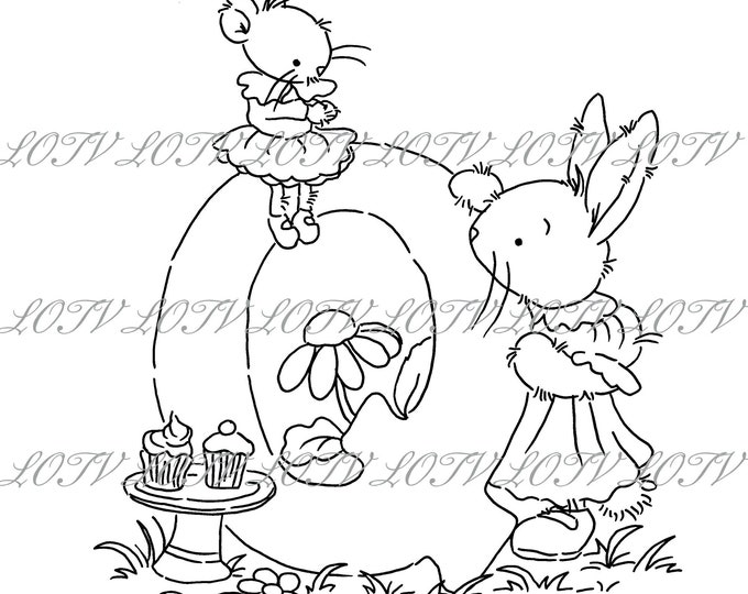 Lotv Digi Stamp - KG - Letter Q - Tea Party Initials, Jpg, Rabbit and Mouse, Alphabet, Digital, Artwork