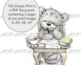 Lili of the Valley Full Colour Simply Print - CG - James the Bear Thinking, Studying, Exams, 3 Page PDF Ready to Print Document, Digital
