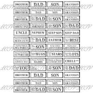 May include: Black and white printable gift tags with various messages for different family members, including "Brother", "Dad", "Son", "Grandson", "Uncle", "Nephew", "Step Son", "Step Dad", "Father", and "Best".