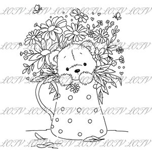 Peut inclure: Un dessin au trait noir et blanc d'un ours en peluche assis dans un pichet à pois avec des fleurs autour.