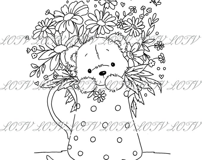 Lili of the Valley Digi Stamp - CG - James with Jug of Flowers - JPG, Bear, Flowers, Digital