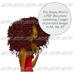 May include: A digital illustration of a woman with long, curly brown hair and freckles. She is wearing a red strapless dress and looking to the side. The text "This Simply Print is a PDF Document containing 3 pages of pre-sized images in A5, A6, A7" is in a circle in the top right corner of the image.