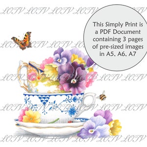 LOTV Full Colour Simply Print - Viole del pensiero in una tazza da tè, giardino inglese, documento PDF pronto per la stampa di 3 pagine, digitale