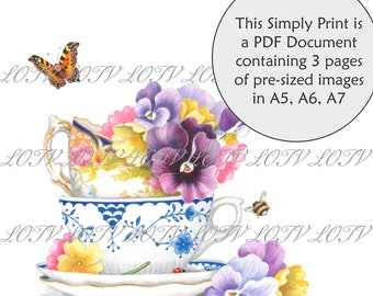 Lili of the Valley Full Colour Simply Print - Pansies in Teacup, English Garden, 3 Page PDF Ready to Print Document, Digital