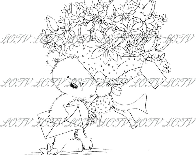 Lili of the Valley Digi Stamp - Teddy Bouquet, JPEG, Bears, Flowers, Digital