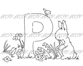 Lotv Digi Stamp - KG - Letter P - Tea Party Initials, Jpg, Rabbits, Alphabet, Tea and Cake, Digital, Artwork