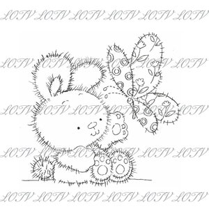 May include: A black and white line drawing of a bunny rabbit holding a butterfly. The bunny has a stitched appearance and is sitting on its hind legs. The butterfly has a floral pattern and is behind the bunny.
