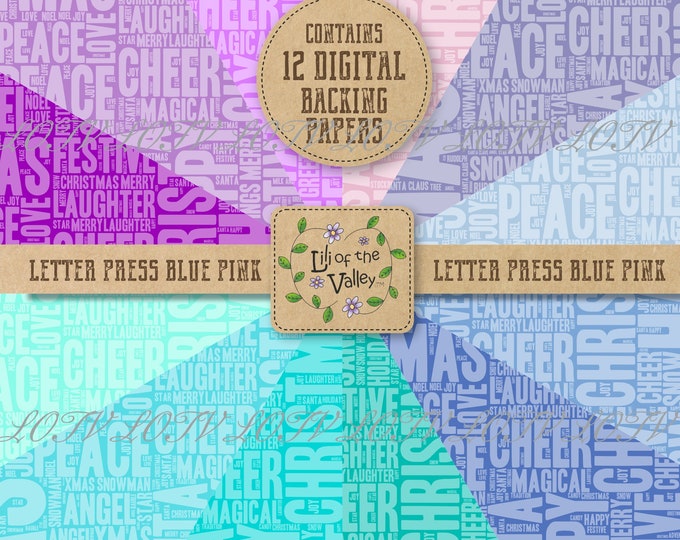 LOTV Backing Paper Set - DR - Festive Letterpress Blue Pink, JPEG, Digital