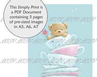 LOTV Full Colour Simply Print - CG - Tea Time Ted, 3 Page PDF Ready to Print Document, Digital