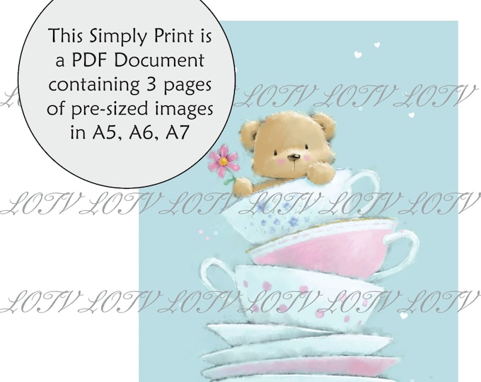 LOTV Full Colour Simply Print - CG - Tea Time Ted, 3 Page PDF Ready to Print Document, Digital