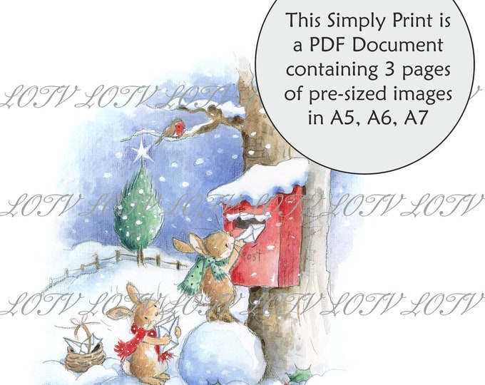 Lili of the Valley Full Colour Simply Print - Christmas Bunnies Postbox, 3 Page PDF Ready to Print Document, Digital