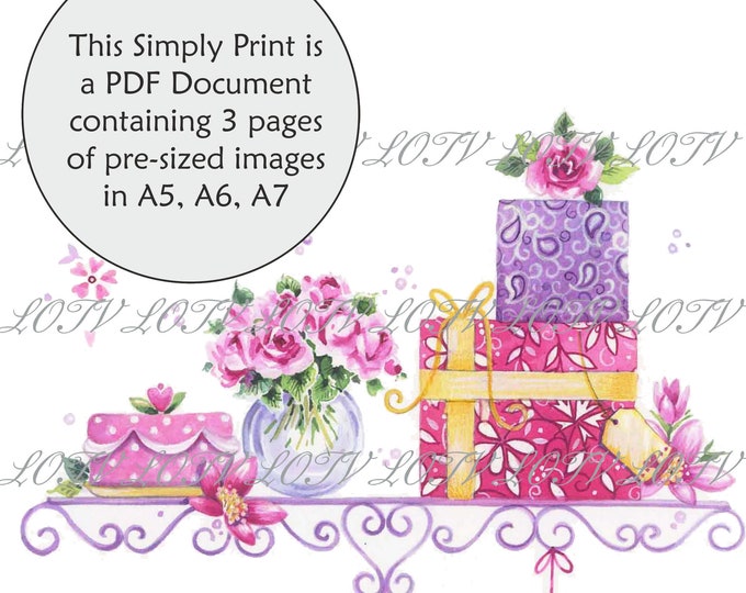 Lili of the Valley Full Colour Simply Print - Pink Presents, Birthday Gifts, 3 Page PDF Ready to Print Document, Digital