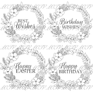 Peut inclure: Quatre couronnes de fleurs noires et blanches avec des salutations différentes à l'intérieur. Les couronnes disent "Meilleurs vœux", "Joyeux anniversaire", "Joyeuses Pâques" et "Joyeux anniversaire".